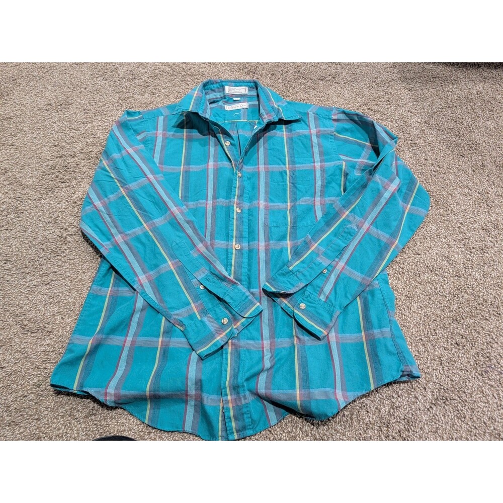 Vintage Christian Dior Men's Large Shirt Blue Teal Plaid Button Casual Top